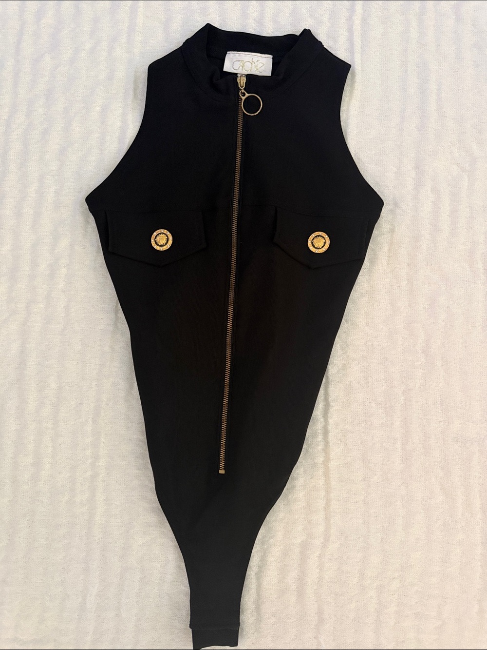 1990s Vintage Cache Black Sleeveless Zip-Front Bodysuit with Gold Accents